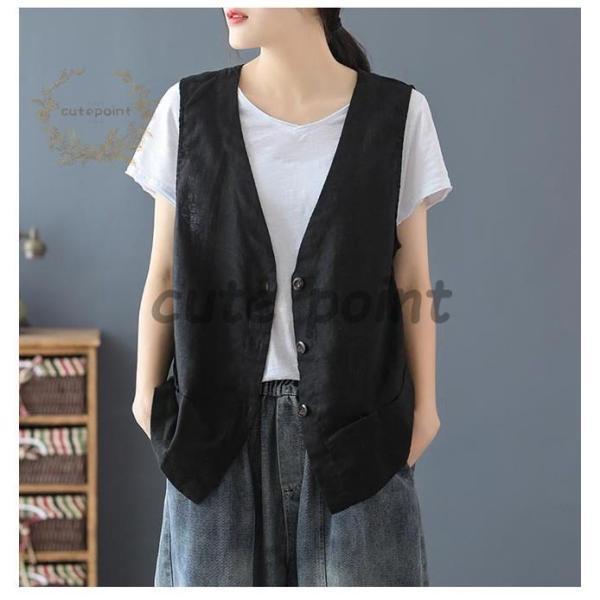 リネンベスト レディース 夏 ベスト 薄手 前開き ジレ 麻 チョッキ レトロVネック 前開きベスト リネン - 画像 (9)