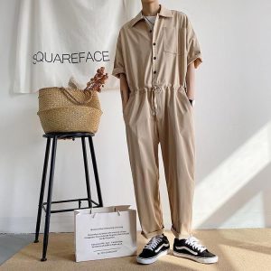 送料無料 つなぎ メンズ おしゃれ オールインワン ビッグシルエット オーバーサイズ カバーオール ワイドパンツ 無地 作業服 半袖ツナギ 作業着 オ