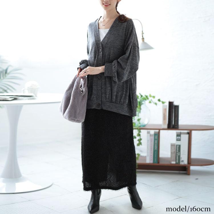 GOLDJAPAN 大きいサイズ レディース トップス カーディガン 長袖 ギャザー Vネック ボタン ストレッチ 伸縮 冬コーデ 冬 秋 春 LL 2L 3L 4L 5L ブラック 黒 杢グレー - 画像 (7)