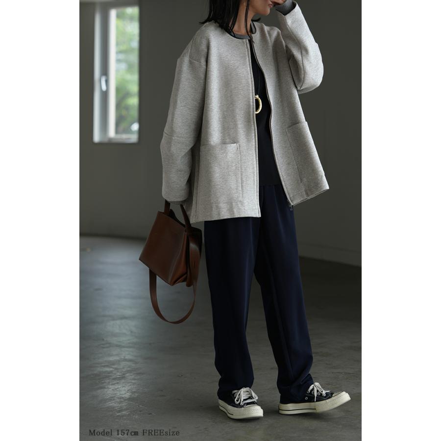 HUG.U ジャケット ダンボール ノーカラー レディース アウター ロング 無地 長袖 羽織 ライトアウター チュニック オーバーサイズ クルーネック - 画像 (2)