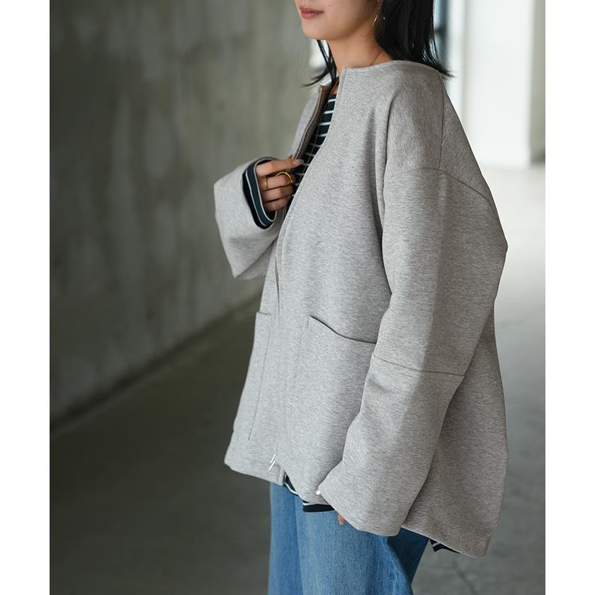 HUG.U ジャケット ダンボール ノーカラー レディース アウター ロング 無地 長袖 羽織 ライトアウター チュニック オーバーサイズ クルーネック - 画像 (3)