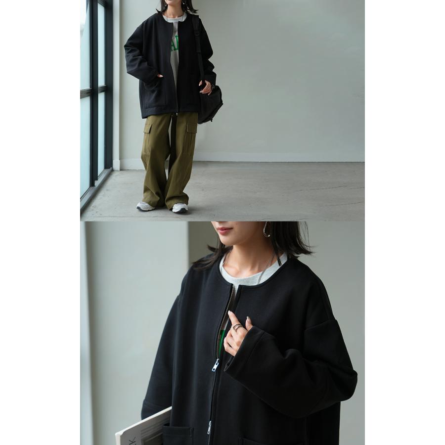 HUG.U ジャケット ダンボール ノーカラー レディース アウター ロング 無地 長袖 羽織 ライトアウター チュニック オーバーサイズ クルーネック - 画像 (5)