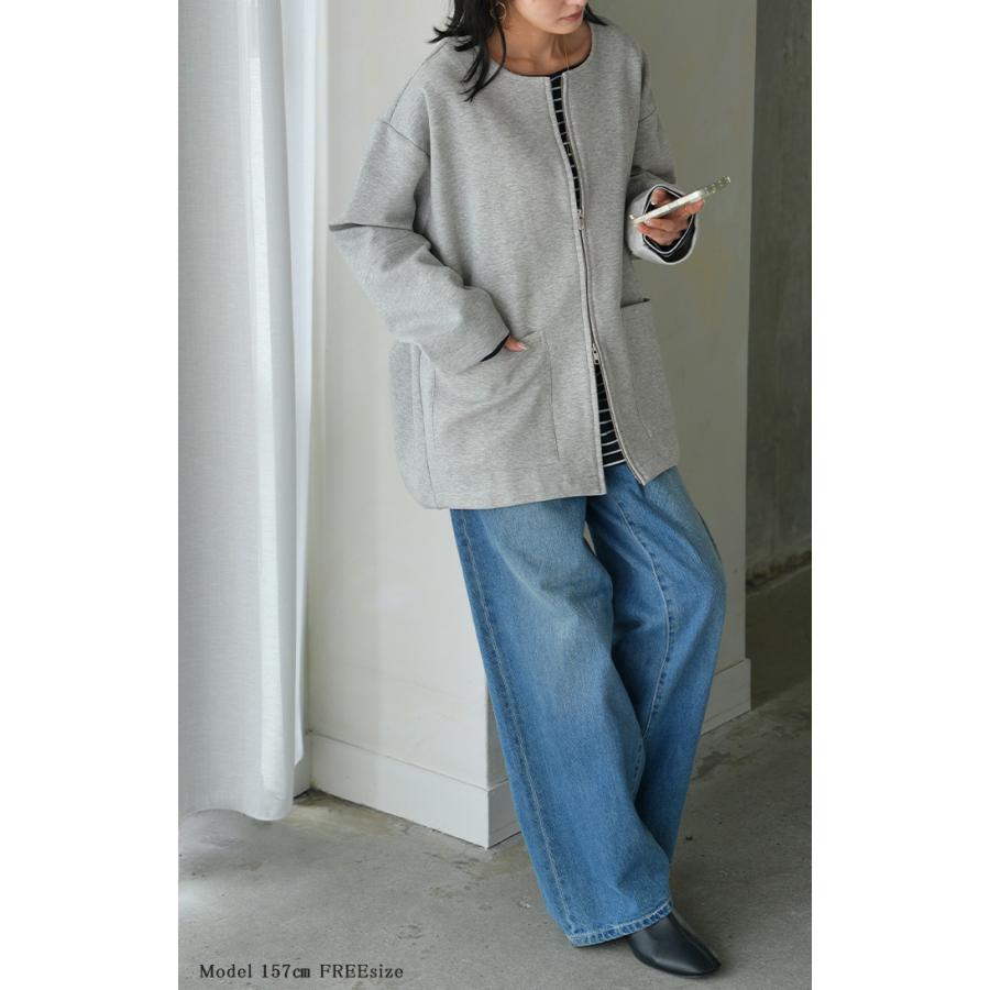 HUG.U ジャケット ダンボール ノーカラー レディース アウター ロング 無地 長袖 羽織 ライトアウター チュニック オーバーサイズ クルーネック - 画像 (7)