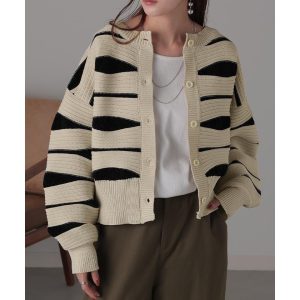 HUG.U カーディガン ニット トップス レディース セーター カーデ 羽織 総柄 異素材 配色 ボーダー Uネック リブ