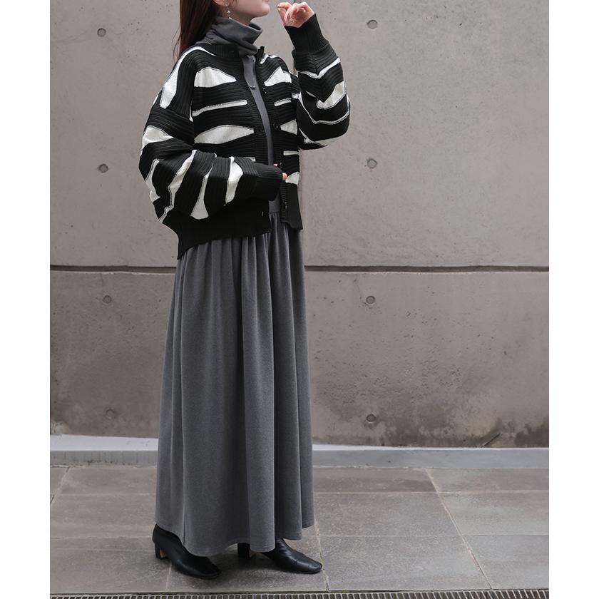 HUG.U カーディガン ニット トップス レディース セーター カーデ 羽織 総柄 異素材 配色 ボーダー Uネック リブ - 画像 (3)