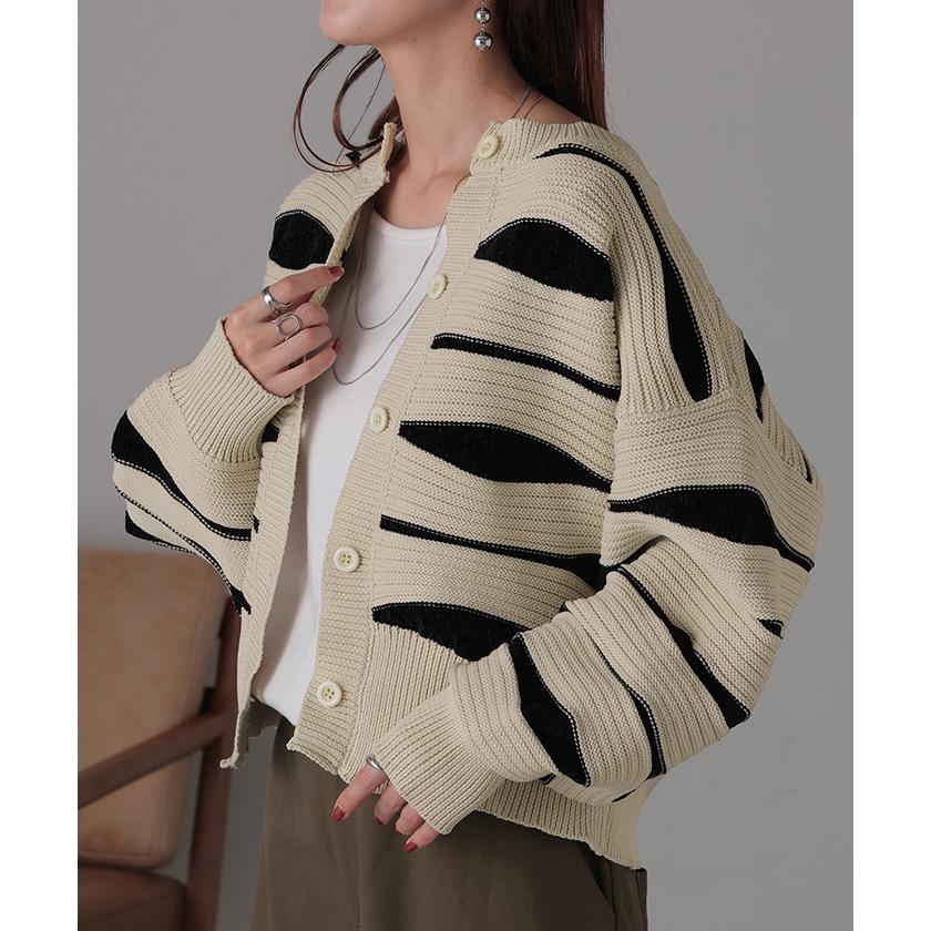 HUG.U カーディガン ニット トップス レディース セーター カーデ 羽織 総柄 異素材 配色 ボーダー Uネック リブ - 画像 (4)