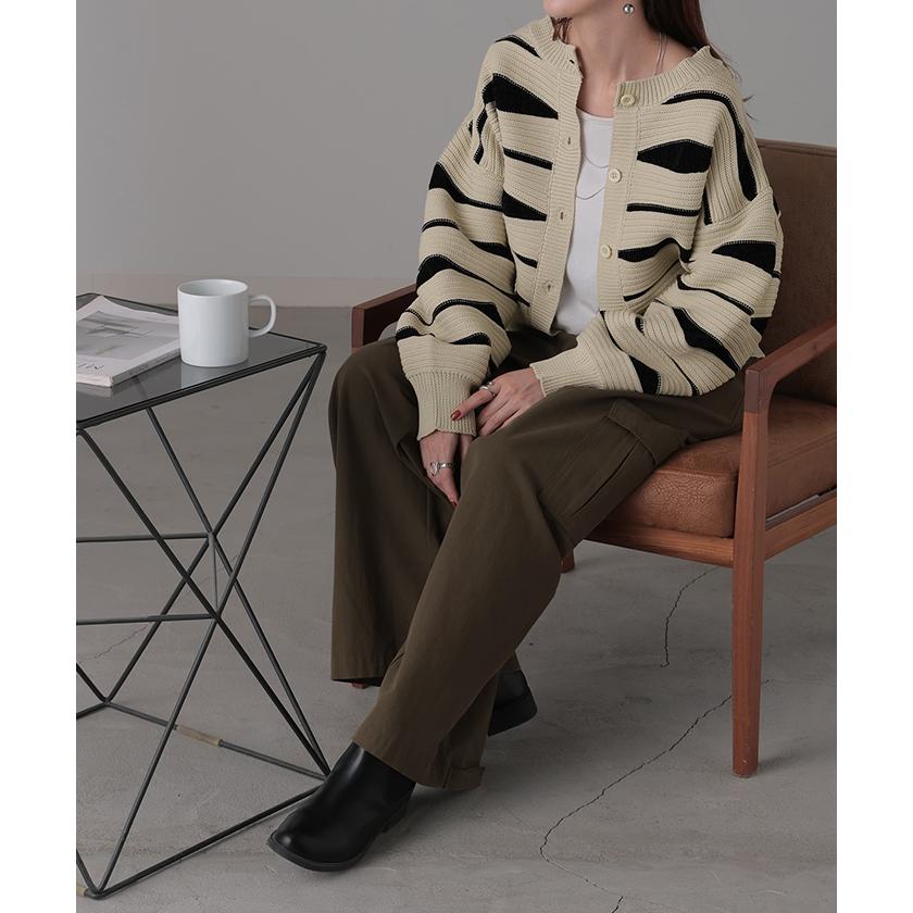 HUG.U カーディガン ニット トップス レディース セーター カーデ 羽織 総柄 異素材 配色 ボーダー Uネック リブ - 画像 (7)