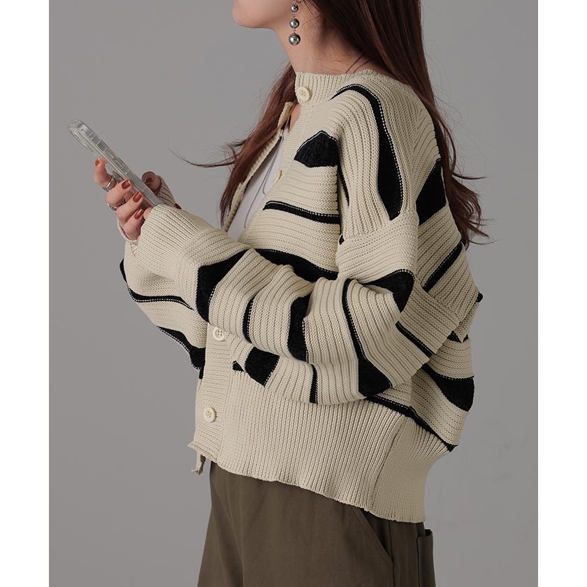 HUG.U カーディガン ニット トップス レディース セーター カーデ 羽織 総柄 異素材 配色 ボーダー Uネック リブ - 画像 (8)