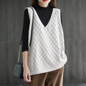 ノースリーブ ゆったり ストレッチ プルオーバー レディース チョッキ 無地 ニット ニットベスト 薄手 ジレー カジュアル 袖なし セーター