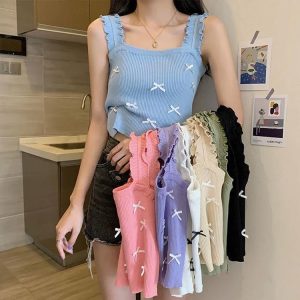 サマーニット 夏 リブニット タンクトップ ノースリーブ 重ね着 薄 ニット スクエアネック 春夏 涼しい リボンサマーニ