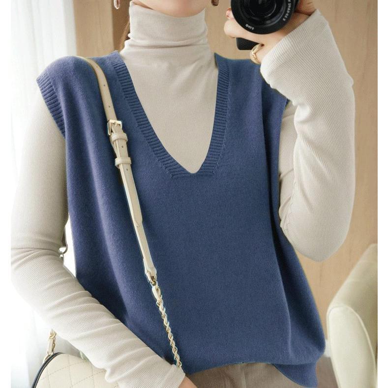 ベスト ニットノースリーブ 袖なし レディース 女性 プルオーバー トップス 重ね着 シンプル Vネック ジレ おしゃれ かわいい きれい目 単色 定 - 画像 (3)