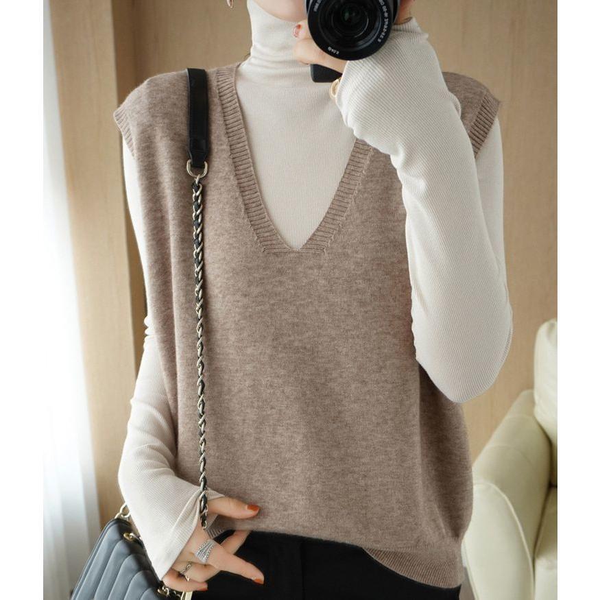 ベスト ニットノースリーブ 袖なし レディース 女性 プルオーバー トップス 重ね着 シンプル Vネック ジレ おしゃれ かわいい きれい目 単色 定 - 画像 (4)