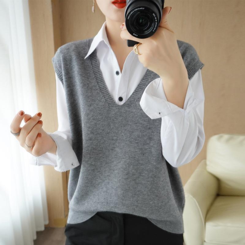 ベスト ニットノースリーブ 袖なし レディース 女性 プルオーバー トップス 重ね着 シンプル Vネック ジレ おしゃれ かわいい きれい目 単色 定 - 画像 (8)