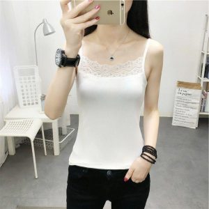 キャミソール レディース 大きいサイズ ノースリーブ カットソー 胸元レース デコルテ見せ チラ見え防止 無地 スリム シンプル