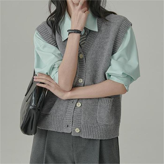 【特価】ニット 開襟 レディース ス 女性 ノースリーブ セーター Vネック コーデ カジュアル おしゃれ ファッション 無地 春 - 画像 (2)