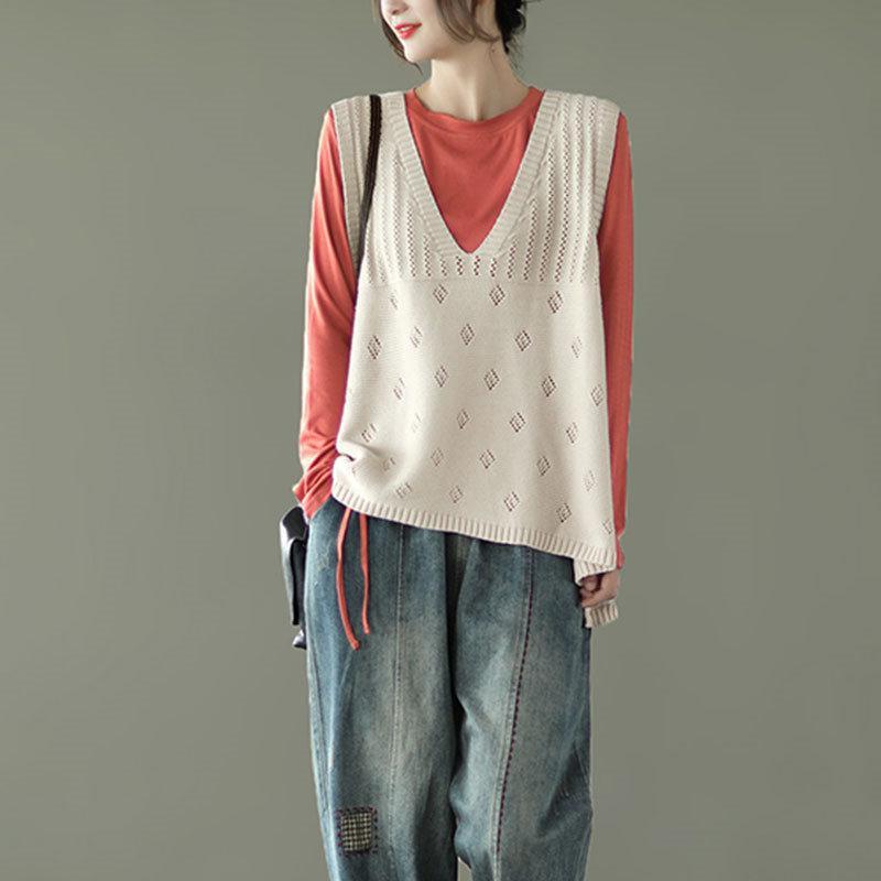 【特価】ニット レディース チョッキ ス Vネック 薄手 ゆったり セーター 無地 重ね着 秋コーデ ノースリーブ シンプル カジュアル - 画像 (3)