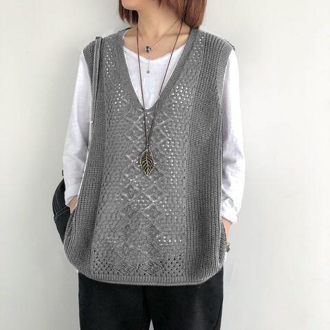一部!ニット レディース チョッキ ス Vネック 薄手 ゆったり プルオーバー ジレー セーター 無地 秋コーデ 重ね着 - 画像 (3)