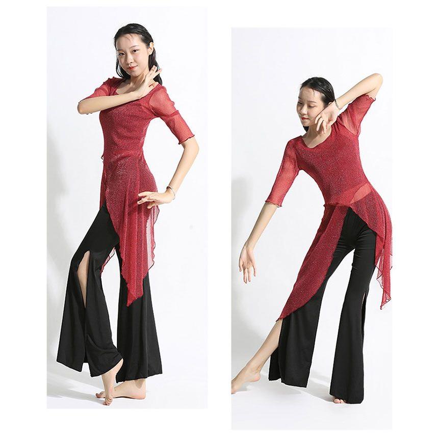 ダンス衣装 トップス パンツ ラメ入り ロング丈 メッシュ スリット入り ストレッチパンツ 伸縮性 ダンス セットアップ レディース 大 - 画像 (3)