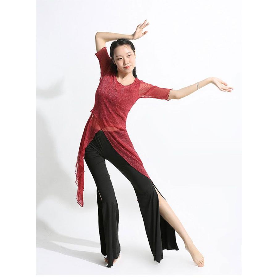 ダンス衣装 トップス パンツ ラメ入り ロング丈 メッシュ スリット入り ストレッチパンツ 伸縮性 ダンス セットアップ レディース 大 - 画像 (4)