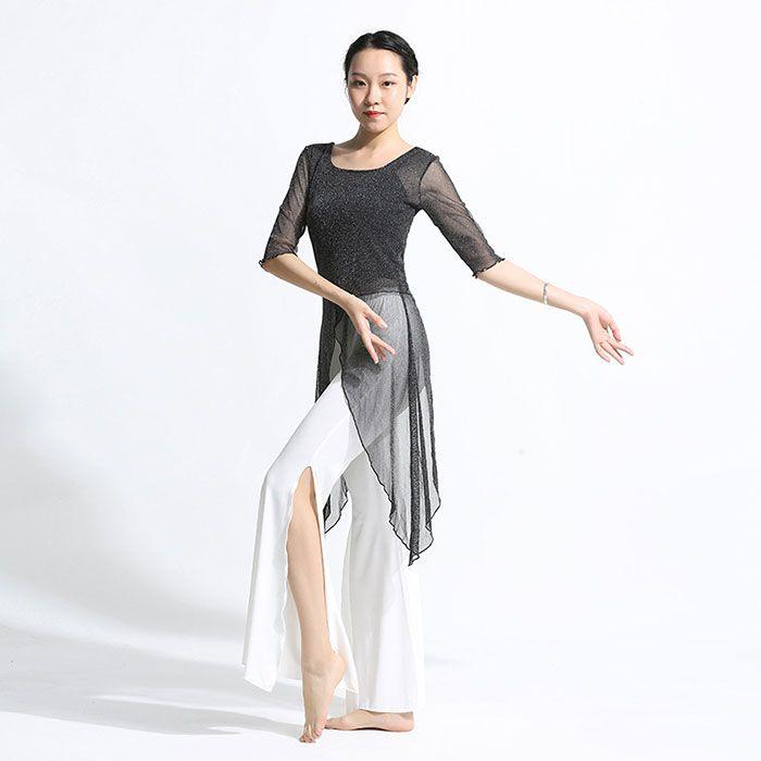 ダンス衣装 トップス パンツ ラメ入り ロング丈 メッシュ スリット入り ストレッチパンツ 伸縮性 ダンス セットアップ レディース 大 - 画像 (5)