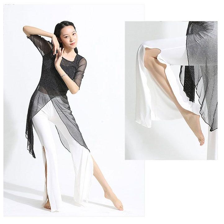ダンス衣装 トップス パンツ ラメ入り ロング丈 メッシュ スリット入り ストレッチパンツ 伸縮性 ダンス セットアップ レディース 大 - 画像 (6)
