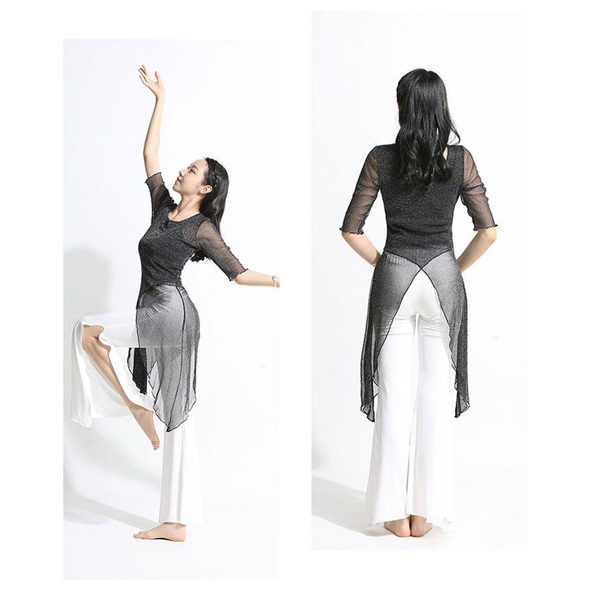 ダンス衣装 トップス パンツ ラメ入り ロング丈 メッシュ スリット入り ストレッチパンツ 伸縮性 ダンス セットアップ レディース 大 - 画像 (7)