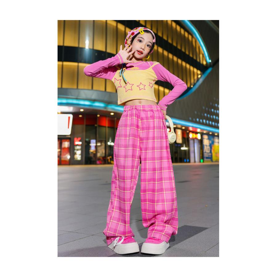 ピンク パープル チェック肩出し 星柄 ガールズ セットアップ ダンス 衣装 女の子 へそ出し トップス k-pop ジャズ 長パンツ ゆったり 長袖 ヒップホップ ストリ