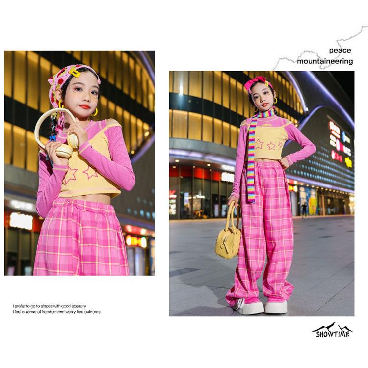 ピンク パープル チェック肩出し 星柄 ガールズ セットアップ ダンス 衣装 女の子 へそ出し トップス k-pop ジャズ 長パンツ ゆったり 長袖 ヒップホップ ストリ - 画像 (2)