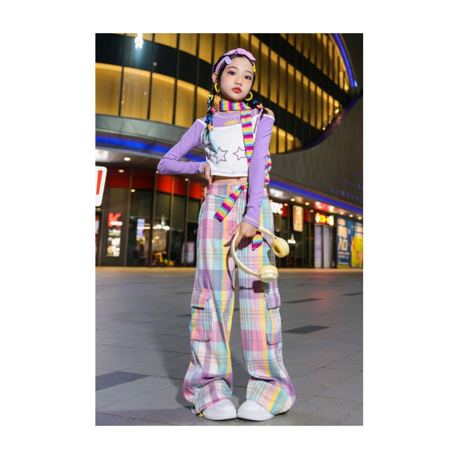 ピンク パープル チェック肩出し 星柄 ガールズ セットアップ ダンス 衣装 女の子 へそ出し トップス k-pop ジャズ 長パンツ ゆったり 長袖 ヒップホップ ストリ - 画像 (3)