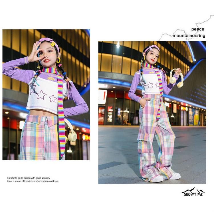 ピンク パープル チェック肩出し 星柄 ガールズ セットアップ ダンス 衣装 女の子 へそ出し トップス k-pop ジャズ 長パンツ ゆったり 長袖 ヒップホップ ストリ - 画像 (4)