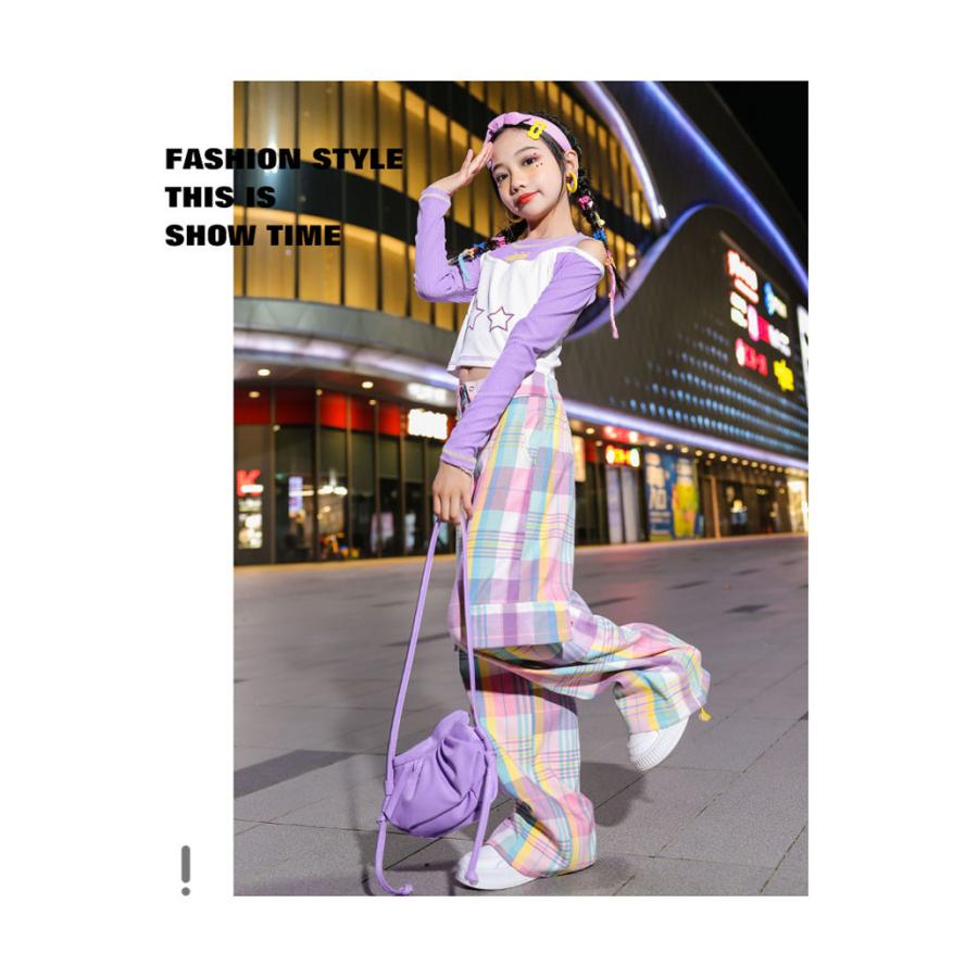 ピンク パープル チェック肩出し 星柄 ガールズ セットアップ ダンス 衣装 女の子 へそ出し トップス k-pop ジャズ 長パンツ ゆったり 長袖 ヒップホップ ストリ - 画像 (5)