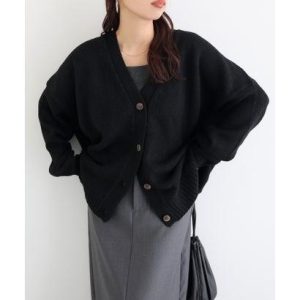 andme アンドミー 天竺編み長袖ニットカーディガン (ブラック)