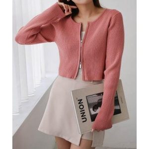 andme アンドミー ダブルジップ リブ ニット カーディガン (ピンク)