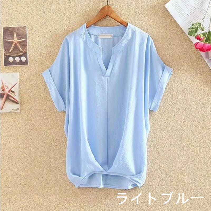 リネンシャツ レディース 半袖 ドルマンスリーブ 夏服 トップス プルオーバー 無地 vネック ゆったり ワイド 前後差 ギャザー 可愛い きれいめ 体型カバー 通勤