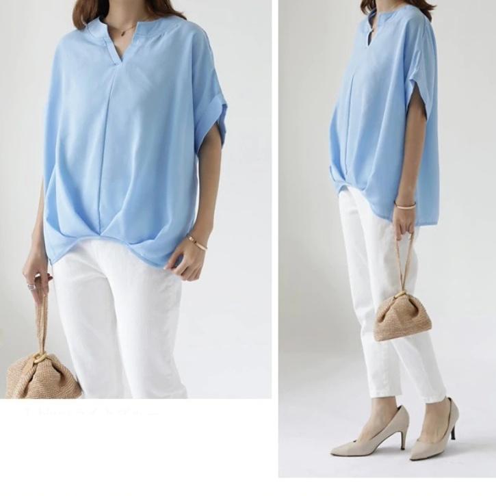 リネンシャツ レディース 半袖 ドルマンスリーブ 夏服 トップス プルオーバー 無地 vネック ゆったり ワイド 前後差 ギャザー 可愛い きれいめ 体型カバー 通勤 - 画像 (2)