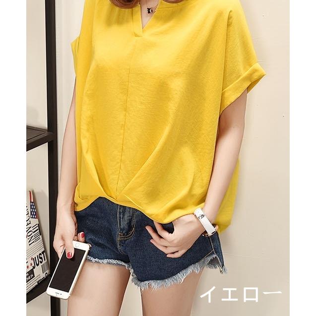 リネンシャツ レディース 半袖 ドルマンスリーブ 夏服 トップス プルオーバー 無地 vネック ゆったり ワイド 前後差 ギャザー 可愛い きれいめ 体型カバー 通勤 - 画像 (3)