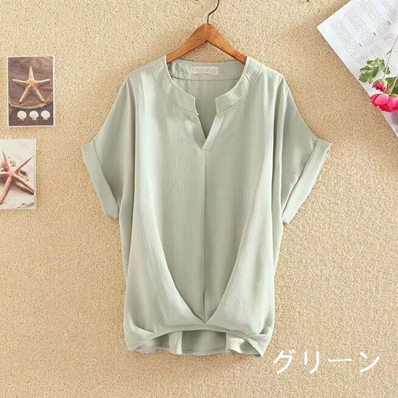 リネンシャツ レディース 半袖 ドルマンスリーブ 夏服 トップス プルオーバー 無地 vネック ゆったり ワイド 前後差 ギャザー 可愛い きれいめ 体型カバー 通勤 - 画像 (6)
