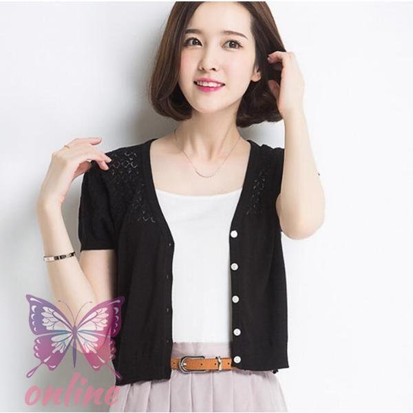 カーディガン UVカット 接触冷感 Vネック/ラウンドネック 紫外線対策 薄手ニット 冷房対策 日焼け防止 上着 半袖 おしゃれ 大きいサイズ - 画像 (2)