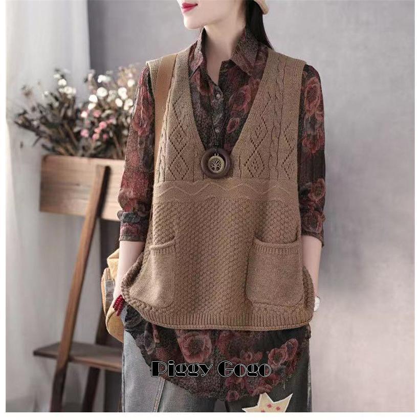 ニットベスト レディース チョッキ トップス ベスト 薄手 ゆったり セーター ポケット 重ね着 秋コーデ ノースリーブ Vネック カジュアル - 画像 (7)