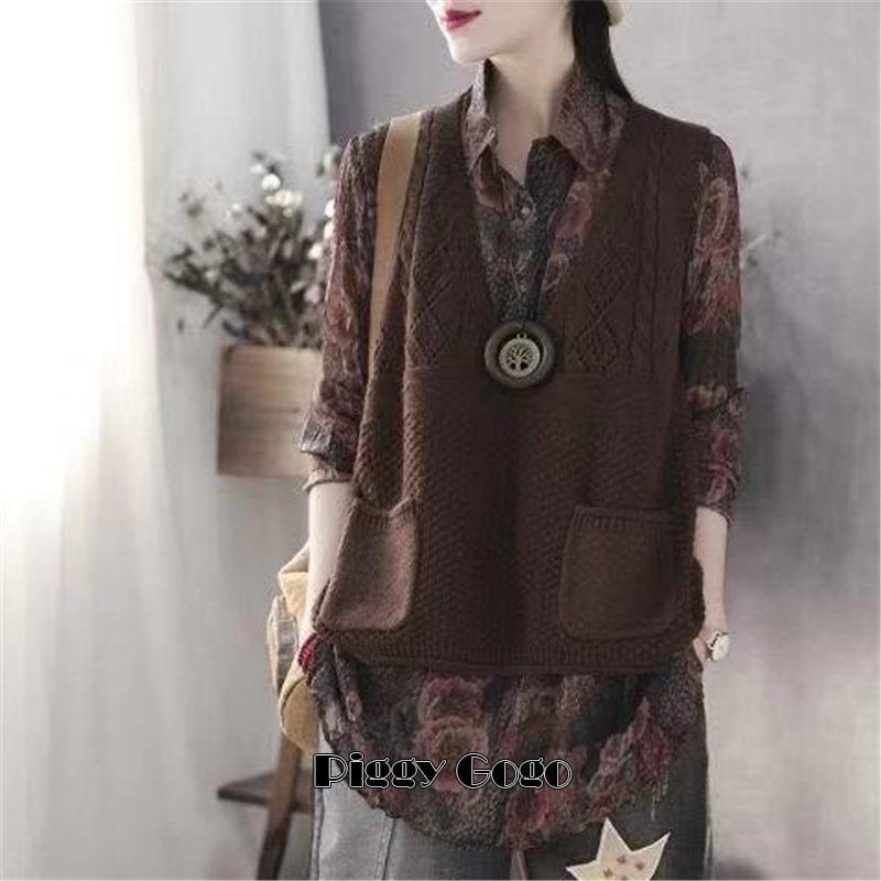 ニットベスト レディース チョッキ トップス ベスト 薄手 ゆったり セーター ポケット 重ね着 秋コーデ ノースリーブ Vネック カジュアル - 画像 (8)