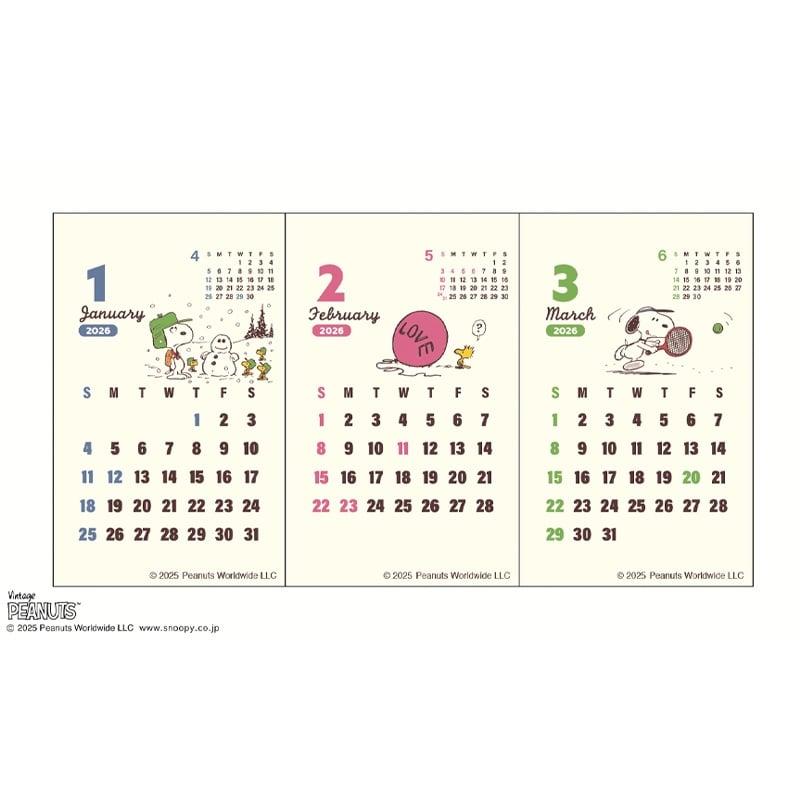 SNOOPY スヌーピー PEANUTS 3ヶ月ヨコ 卓上カレンダー 2026