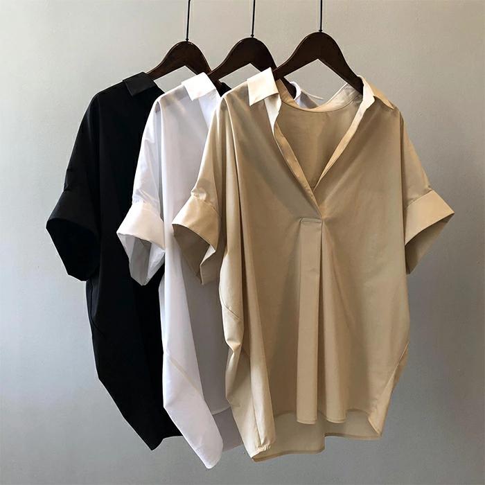 シャツ ブラウス レディース ドルマン 夏 半袖 黒 白 抜け感 Vネック 体型カバー 着痩せ オフィス 涼しい シンプル カジュアル - 画像 (7)