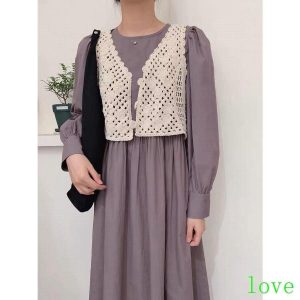 ス 透かし編み かぎ編み ジレ 前開き Vネック 春 夏 ショート丈 レディース 女性 袖なし カジュアル 無地 ニット カジュア