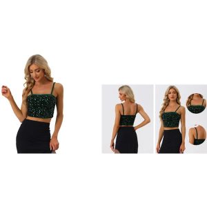 Allegra K クロップキャミトップ キャミソール ベルベット グリッター スパンコール クラブ レディース ダークグリーンxS