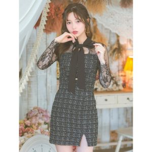 Tika キャバ ドレス ツイード チェック柄 リボン 長袖 ミニ 膝丈 レース タイト xl 大きいサイズ ミニドレス