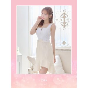 Tika キャバ ドレス ツイード オフショルダー フリル フラワー モチーフ 刺繍 ビジュー フロント ジップ  くびれ タイト ミニドレス