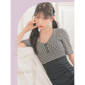 Tika [TikaPimil] キャバドレス 襟付き 袖あり 五分袖 ギンガムチェック柄 切り替え ギャザー 裾フリル タイトミニドレス ワンピース 韓国
