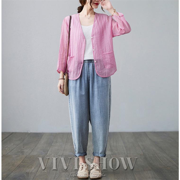 カーディガン 春夏 レディース uv v薄手 ネック 長袖 ポケット付き オフィス vivishow - 画像 (5)