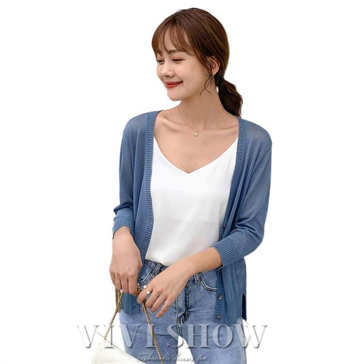 サマーカーディガン UV カット 薄手 冷感 レディース ひんやり Vネック 7分袖 カットソー 吸汗速乾 ゆったり 春夏秋 冷房対策 サマーニット ニット トップス - 画像 (4)