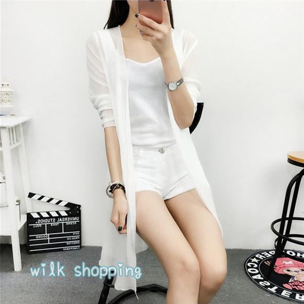 サマーカーディガン レディース シフォン 透け感 ロング丈 涼感 薄手 UVカット 冷房対策 無地 シンプル ひんやり 涼しい 春夏 トップス 長袖 - 画像 (2)